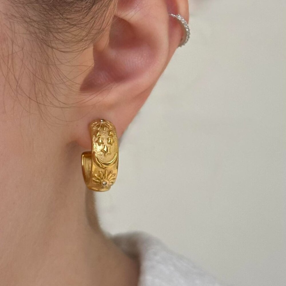 Sku:0317 Gold earrings moon sun, stars zircon stone vintage vibe material